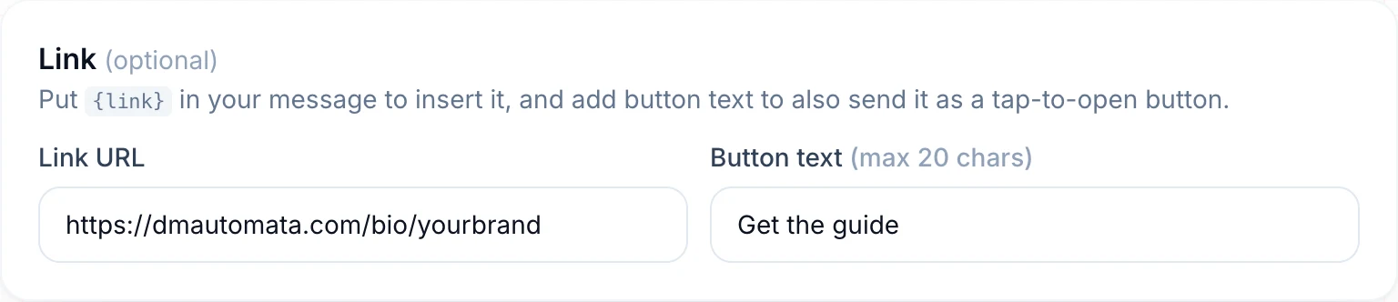 Link URL and tap-to-open button text fields