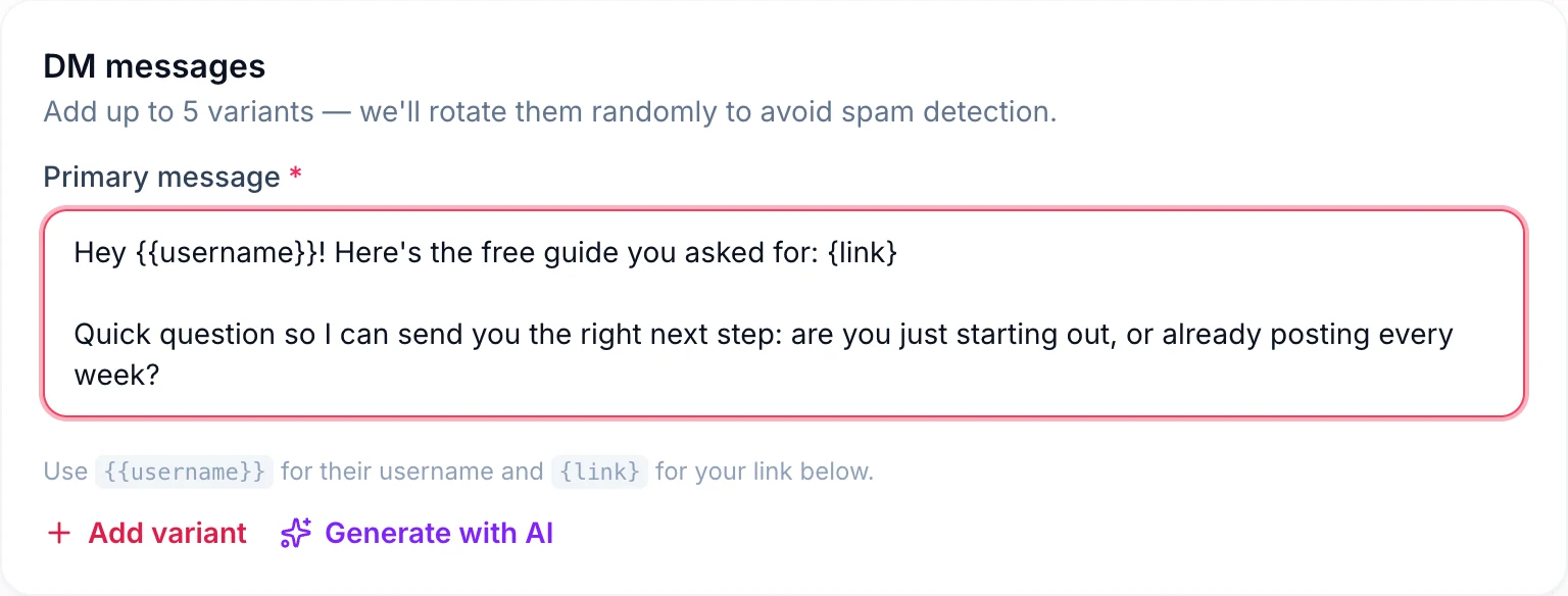 DM Automata message editor with the username and link placeholders, Add variant and Generate with AI buttons