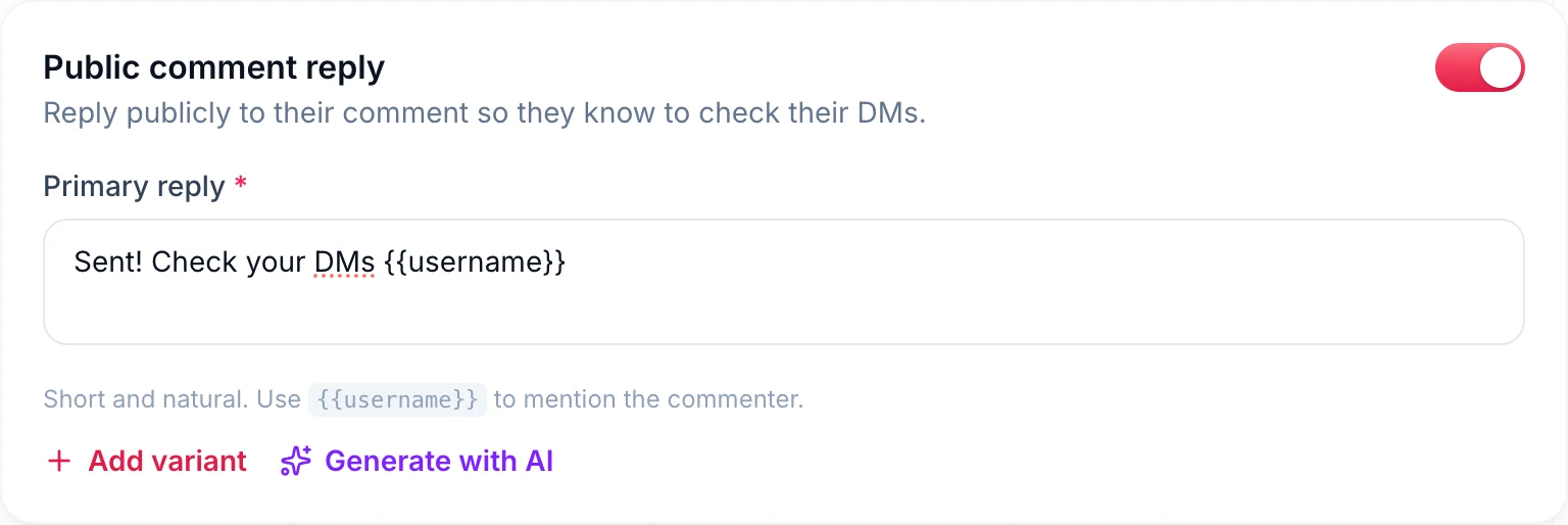 Public comment reply turned on with the reply Sent! Check your DMs {{username}}