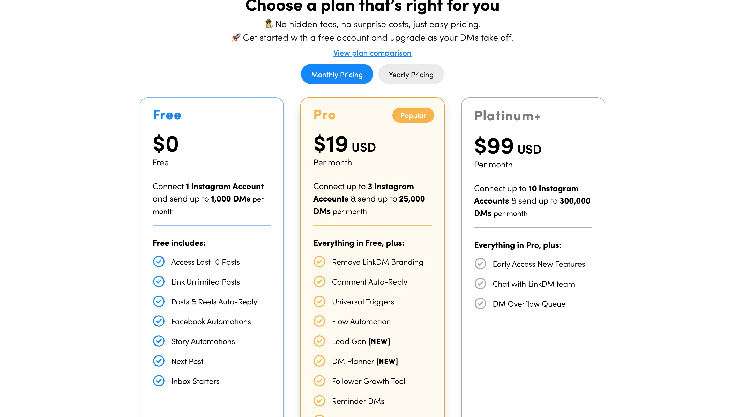 LinkDM pricing page